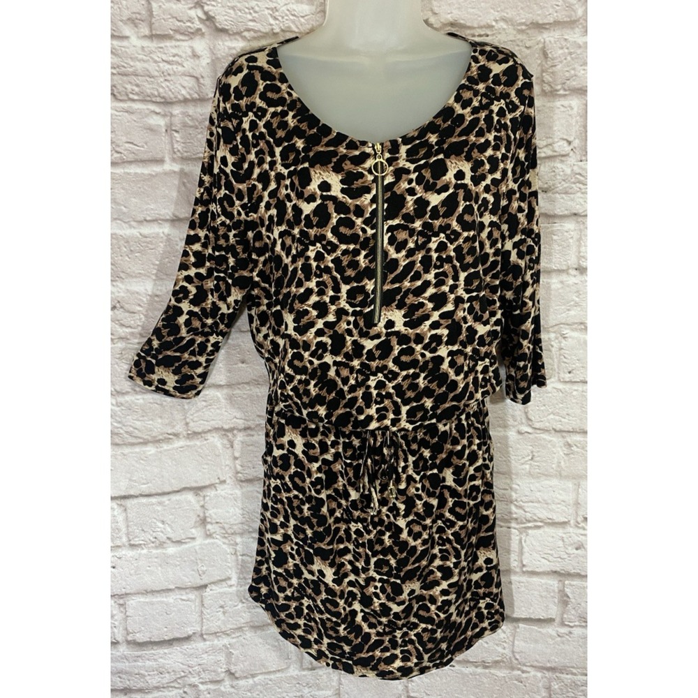Lascana Animal Print Blouson Dress‎ 10 Gold Zip Front Pockets Drawstring Waist